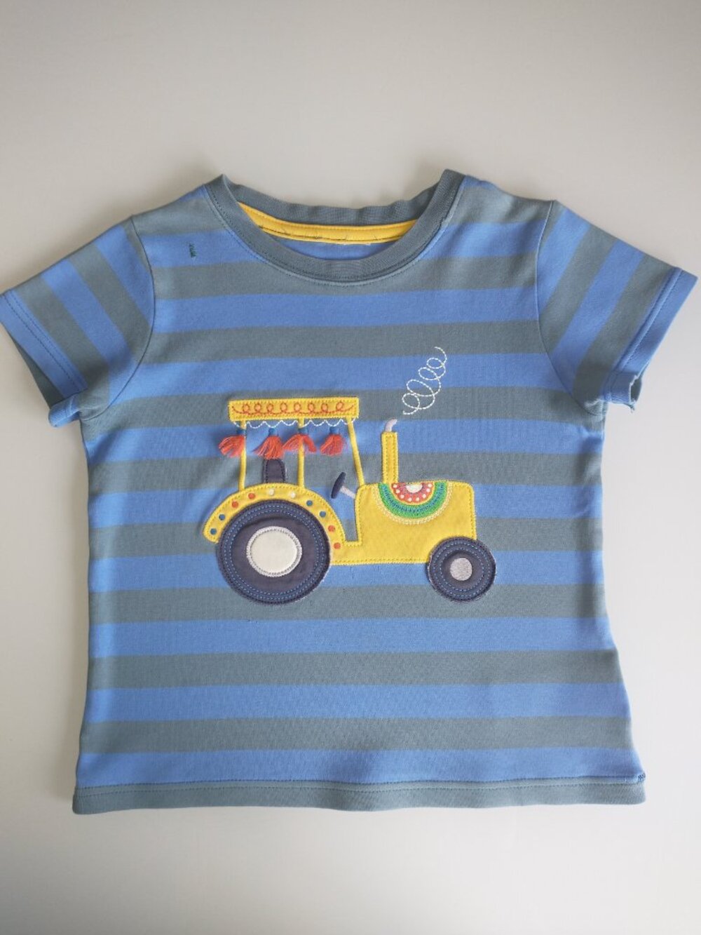 Frugi Organic Cotton Short Sleeve Blue Striped Tractor Applique Shirt Size  5 6